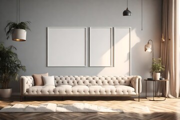 Aesthetic frame mockup poster laying on the Chesterfield sofa light by window silhouette 3d render