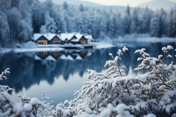 countryside holiday in the forest, winter season and vacation concept. wooden house in beautiful landscape with sky and clouds.