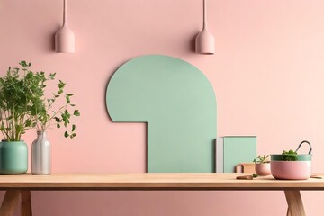 Minimal kitchen interior mock up design for product presentation background or branding concept with green counter bright wood top and pink wall include vase with plant chopping block and glass
