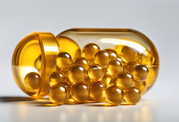 Transparent golden capsule with a Set of small golden transparent bubbles  with softgels oil  inside.