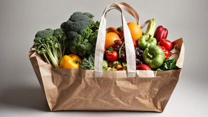 Paper bag full of vegetables and fruits on isolated solid background. Shopping bag with healthy food. space for text, banner design. concept of healthy eating and circular economy