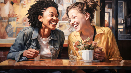 Two sisters laughing together over coffee at a cafe table. - obrazy, fototapety, plakaty