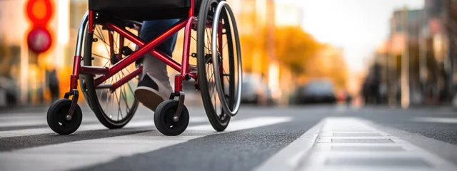 Fotobehang Close-up of a wheelchair crossing a street, highlighting mobility and accessibility in an urban environment. © MP Studio