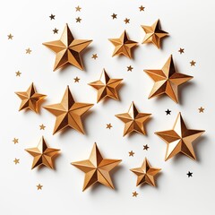 Obraz premium Scattered golden stars isolated on white background, generative ai