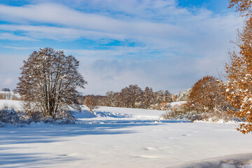 Countryside after heavy snowfall in central Europe