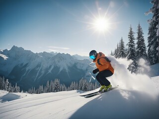 skier jumping in the snow mountains sunny day, behind it there are snow dust and clouds

