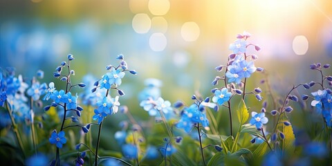 Fototapeta na wymiar Delicate forget-me-not flowers in a bright spring meadow are an explosion of color and beauty in nature.