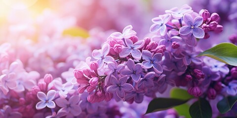 The lilac is in full bloom, the purple and pink tones on the branch add a touch of romance to nature.