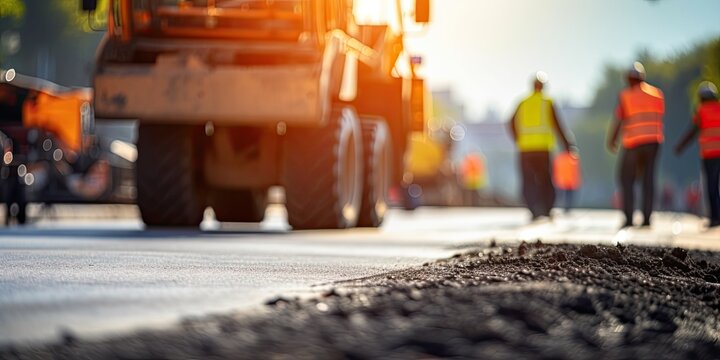 City Road Construction Site With Heavy Equipment, Asphalt Compactor And Workers Working On Repairing Sidewalks.