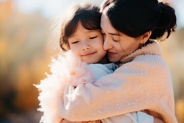 A beautiful portrait capturing the love between a mother and daughter in a sunny park. - obrazy, fototapety, plakaty