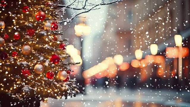 street with christmas trees and lights and lots of snow
