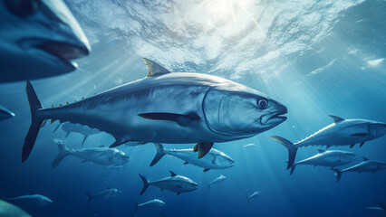 School of Tuna Swimming in Shallow Depths with Underwater Light Rays