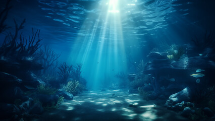 Fototapeta na wymiar Serene Underwater Beauty: Shallow Depths with Coral, Rocks, and Light Rays