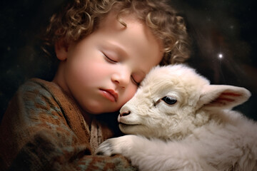 A little boy sleeps with a lamb - obrazy, fototapety, plakaty