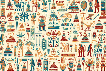 Colorful Egyptian hieroglyphics pattern on beige background