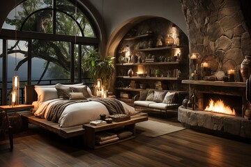 Eclectic interior design defines the modern bedroom with an arched wooden ceiling - obrazy, fototapety, plakaty