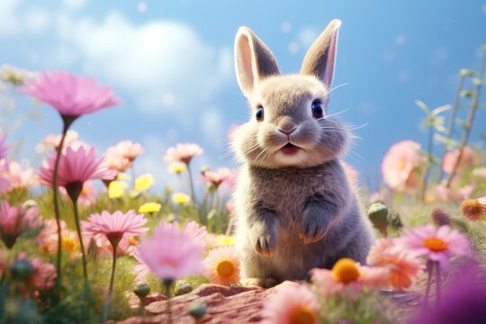 Cute Easter Bunny in a Magical Meadow with Spring Flowers