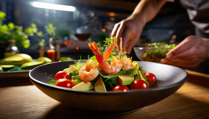Elegantly plated: black dish adorned with shrimp and green salad