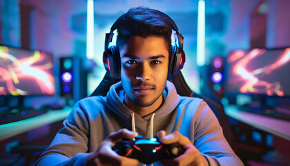 Obraz premium Enthusiastic gamer guy with gamepad