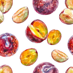 The plums pattern on a white background. Realistic illustration with watercolor hand drawn. Would look great on fabric, kitchen towels or food packaging