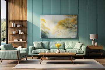 The interior design of a living room features a blue sofa and coffee tables against a light green wall with wooden paneling, offering a panoramic view - obrazy, fototapety, plakaty