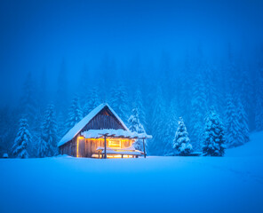A winter wilderness featuring an isolated wooden cottage and snow-draped pine trees on a forested...