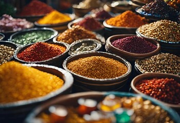 AI generated illustration of a vibrant and diverse selection of grains and spices in bowls