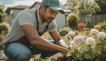 Gardener planting flowers in flowerbed