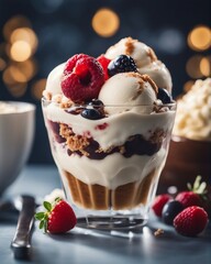 Deliciously looking fresh Ice Cream Sundae, blurry bokeh background

