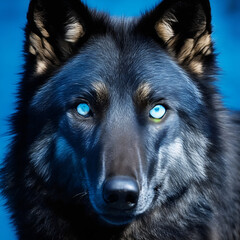 A black wolf with blue eyes and a black background ai generated