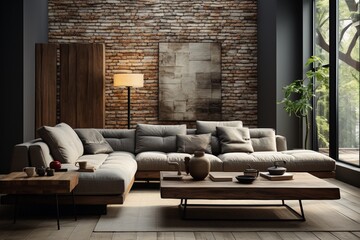 The interior design of a modern apartment showcases a living room with a corner sofa against a white brick wall, creating a home interior with a coffee table
