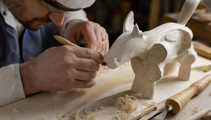 Man's hands carving wooden animal figure up close