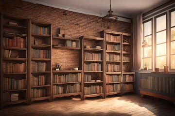 An empty vintage room with charming little bookshelves and an  brick wall, creating a cozy and nostalgic atmosphere.  - obrazy, fototapety, plakaty