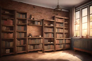 Fotobehang An empty vintage room with charming little bookshelves and an  brick wall, creating a cozy and nostalgic atmosphere.  © Resonant Visions