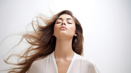 Naklejka premium Hair in the Breeze: Young Lady with Brown Hair Posing Against Clear Background, Eyes Shut, Perfect for Hair and Beauty Sector Marketing