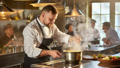 Bustling restaurant kitchen: steam, stoves, and chefs in action