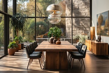 Fototapeta premium The interior design of a modern dining room showcases a wooden table and wooden chairs
