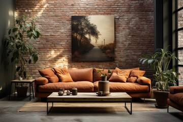 The interior design of an apartment features a living room with a terracotta sofa against a brick wall, creating a home interior