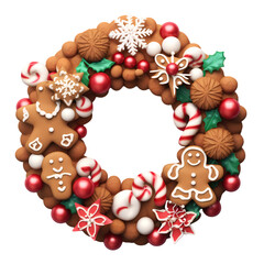 Cute Christmas wreath made of gingerbread cookies isolated on transparent background