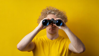 Curious man looking through binoculars
