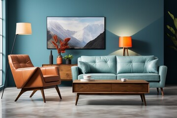 The interior of a modern living room features a wooden sideboard against a blue wall, presenting a contemporary room with a TV stand and an armchair, serving as a home design background