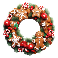 Cute Christmas wreath made of gingerbread cookies isolated on transparent background