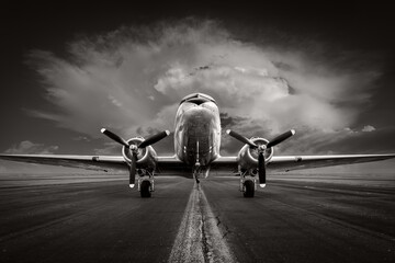 historical aircraft on a runway against a dramatic sky