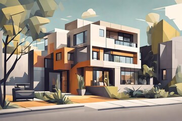 Fototapeta na wymiar Create a scene featuring a contemporary cubist-style house in an urban setting. Highlight geometric shapes, flat roofs, and a minimalist color palette to convey a modern urban aesthetic.