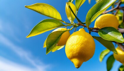 Macro shot of a lemon tree branch arching ripe lemons