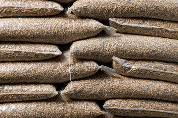 Pellet bags. Pellet production. Pellet bags. Pellet production. Sustainable future fuel.
