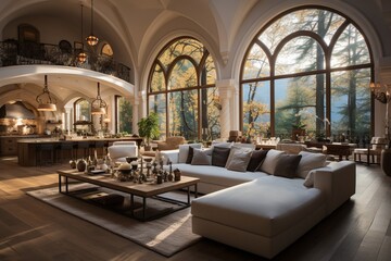 Fototapeta na wymiar Traditional interior design characterizes the modern mansion with an arch