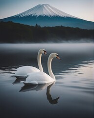 White swans swimming in the foggy and cloudy lake, Mount Fuji in the background
