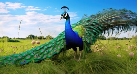 Fototapeta premium the green and blue peacock is standing in a green field,