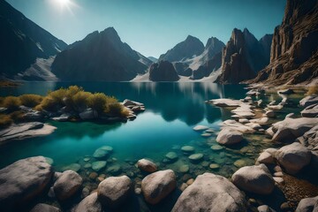 Lake and rocks. The unfamiliar planet's landscape. 3D picture.